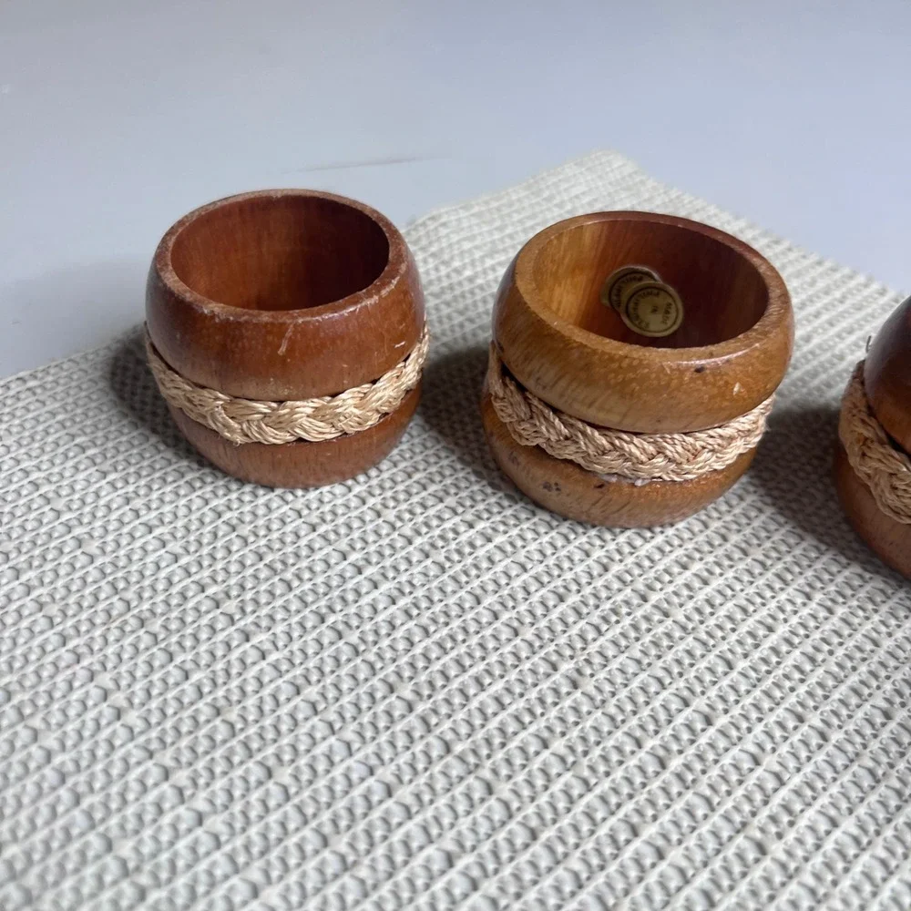 Vintage Wood Napkin Rings Set of 4 Woven Jute Inlay Boho Rustic Philippines‎